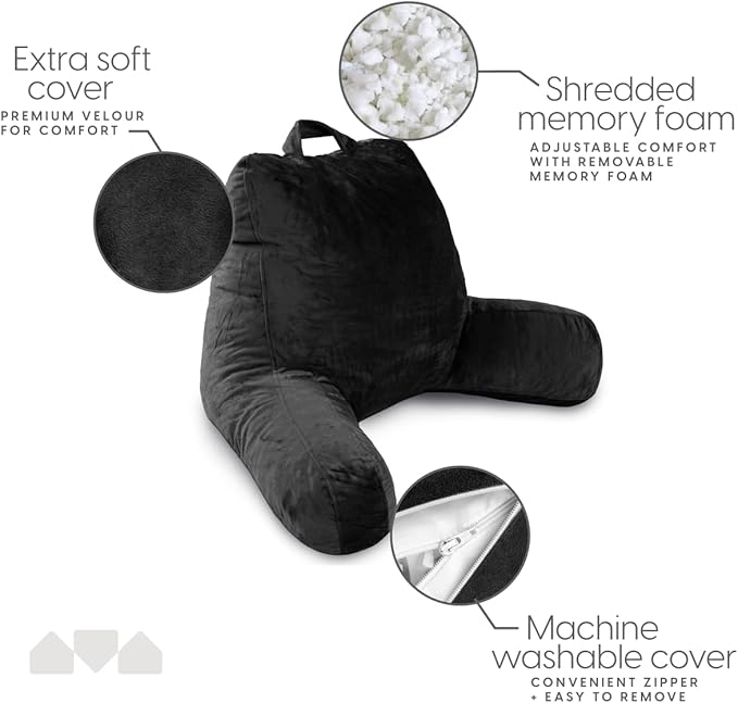 Milliard Reading Pillow with Arms, Black, Cozy Shredded Memory Foam Back Pillow for Bed Sitting Up - Sit Up Backrest Support for Reading & Rest Bed - Washable Cover, Adjustable Comfort, CertiPUR