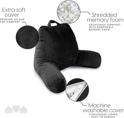 Milliard Reading Pillow with Arms, Black, Cozy Shredded Memory Foam Back Pillow for Bed Sitting Up - Sit Up Backrest Support for Reading & Rest Bed - Washable Cover, Adjustable Comfort, CertiPUR