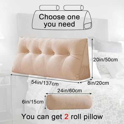 Velvet Triangular Headboard Wedge Pillow With Roll Pillow,Removable Cover Headboard Pillow Daybed Bunk Bed,Backrest Positioning Support Pillow Resting Reading Relaxing (Beige, Full(54 * 20 * 8in))