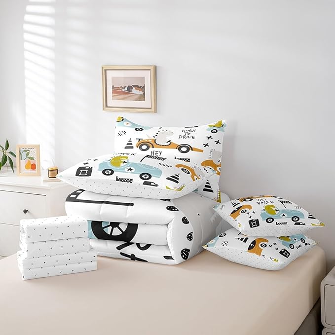 Feelyou Cartton Car Kids Comforter Set with Sheets 7 Piece Queen Size Racing Sports Game Bedding Set Decor Cute Dinosaur Racer Bed in a Bag Gift for Racing Lover White Blue Bed Set Bedroom