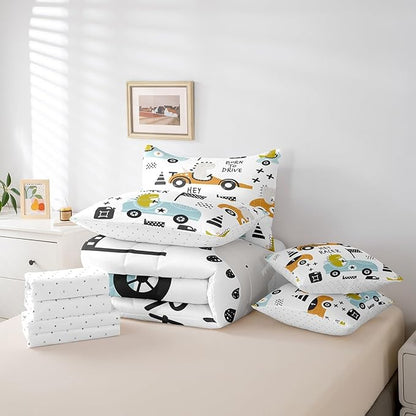 Feelyou Cartton Car Kids Comforter Set with Sheets 7 Piece Queen Size Racing Sports Game Bedding Set Decor Cute Dinosaur Racer Bed in a Bag Gift for Racing Lover White Blue Bed Set Bedroom
