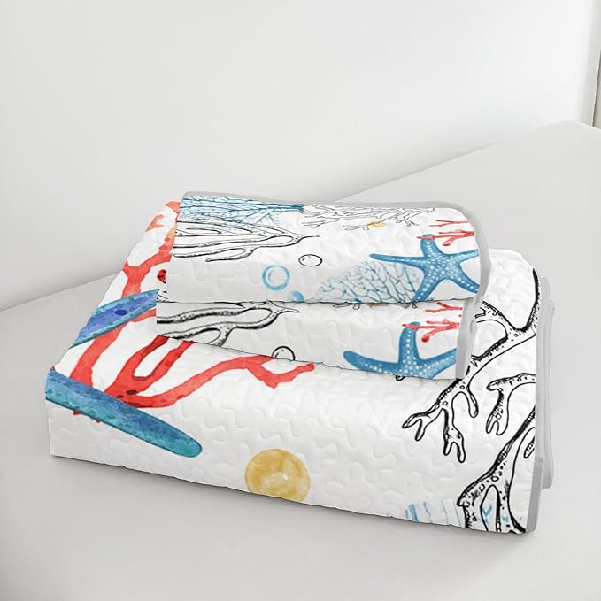 Coastal Themed Quilted Quilt Twin Size,Starfish Bedding Sets for Kids Girls Room Decor,Coral Bubbles Pattern Lightweight Quilt with 2 Pillowcases.