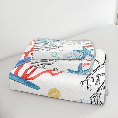 Coastal Themed Quilted Quilt Twin Size,Starfish Bedding Sets for Kids Girls Room Decor,Coral Bubbles Pattern Lightweight Quilt with 2 Pillowcases.