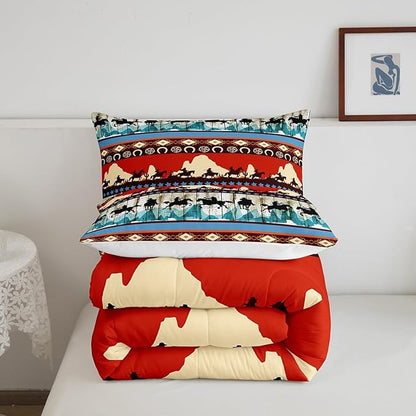 Feelyou Kids Twin Aztec Red Comforter Twin Size, Southwestern Cowboys Comforter Set for Boys Girls Horse Bedding Set Boho Tribal Duvet Set Microfiber Bed Set