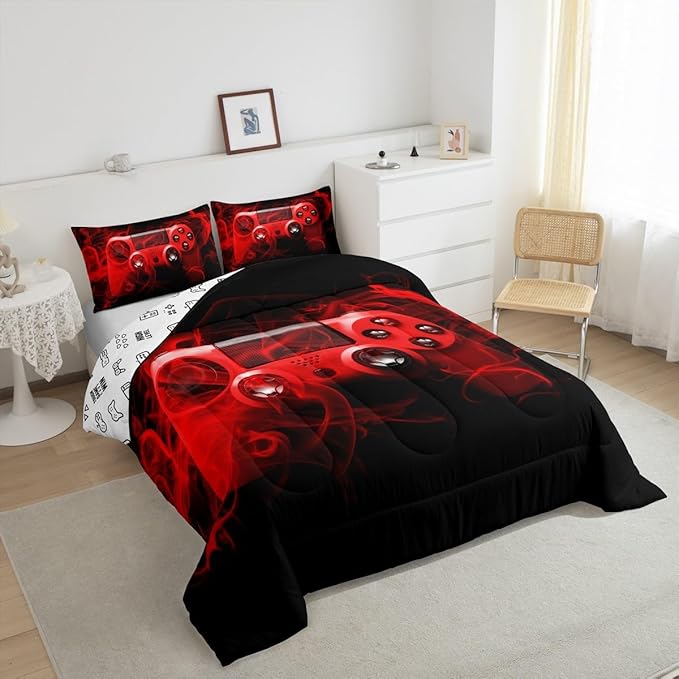 Feelyou Kids Gaming Comforter Set Queen Size Gamer Bedroom Decor for Boys Girls Teens Video Game Controller Bedding Set Youth Gaming Console Comforter Red Black with 2 Pillow Case