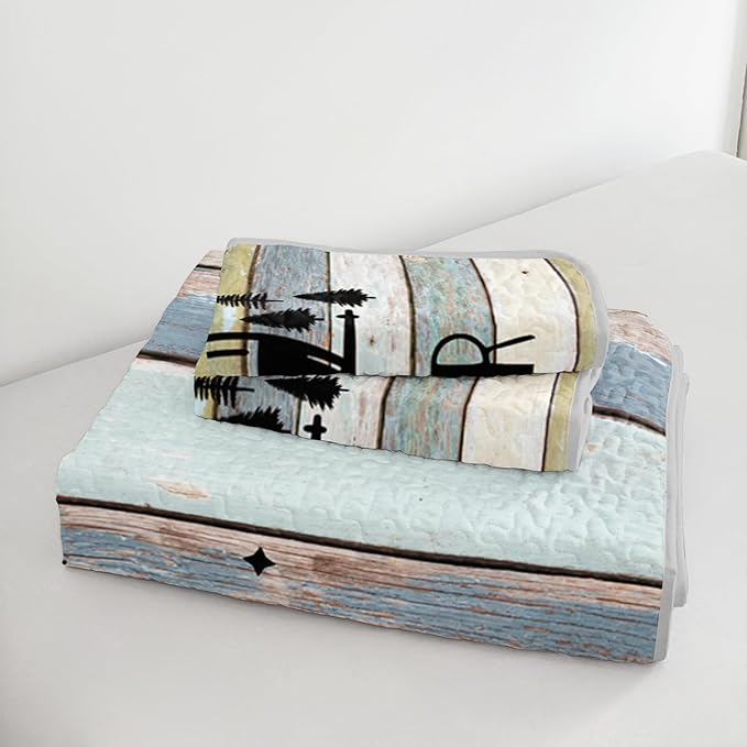 HOSIMA Vintage Camper Queen Size Quilt,Lightweight Bedding Set for Adults,Camping Travel Trailer Printed Quilt for Camper Decor,Happy Camping Themed Bedding with 2 Pillowcases.