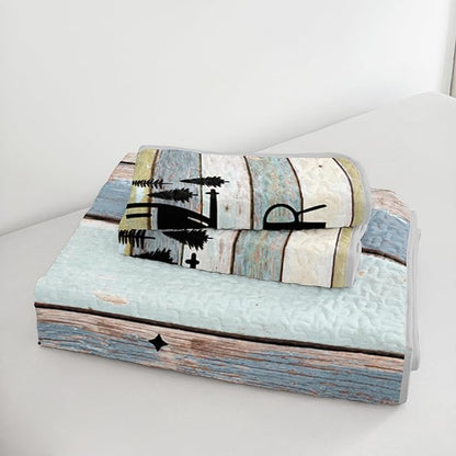 HOSIMA Vintage Camper Quilt Set Full Size,Lightweight Bedding Set for Adults,Camping Travel Trailer Printed Quilt for Camper Decor,Happy Camping Themed Bedding with 2 Pillowcases.