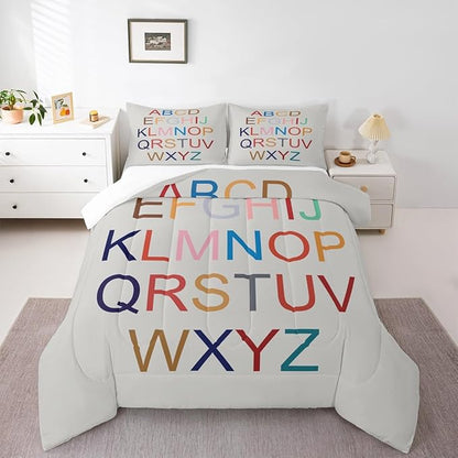 Teens 3D Alphabet Comforter Set Queen Size,Colorful Alphabet Bedding Set for Kids Boys Girls Bedroom Decoration,English Bed Duvet Insert,Learning Alphabets Comforter with 2 Pillowcases