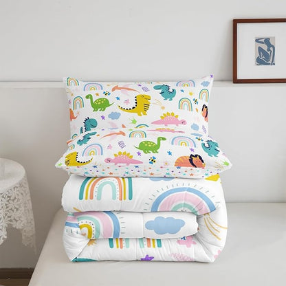 Feelyou Boys Dinosaur Toddler Bedding Sets Full Size Girls Colorful Dinosaurs Comforter Set Cute Cartoon Dino Rainbow Down Comforter Quilt Kids Room Decor Reversible Stars Bed Set for All Seasons