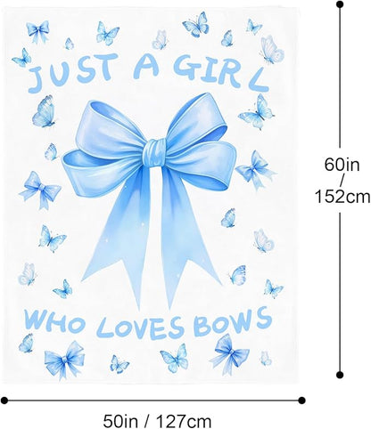 Bow Throw Blanket 60x50Inch Preppy Blanket Blue Bow Aesthetic Throw Blanket Coquette Flannel Soft Bow Plush Preppy Room Decor for Girls Women Birthday