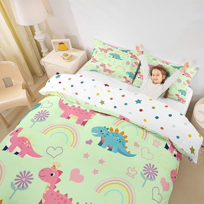Kawaii Dino Duvet Cover Set Twin Size,Cute Rainbow Floral Love Heart Reversible Bedding Set Soft Bedroom Decor,Pink Green Dinosaur Lovely Animal Polyester Quilt Cover (No Comforter), 2 Pcs
