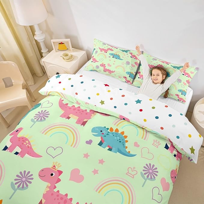 Kawaii Dino Bedding Sets Toddler Size,Cute Rainbow Floral Love Heart Reversible Duvet Cover 2Pcs for Kids Bedroom,Pink Green Dinosaur Lovely Animal Quilt Cover,1 Pillowcase (No Comforter)