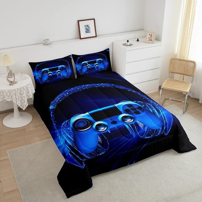 Feelyou Gamer Bedding Set Kids Video Game Gamepad Comforter Set for Boys Teens Gaming Headset Comforter Breathable Blue Game Controller Duvet Set Room Decor Quilt Set Queen Size