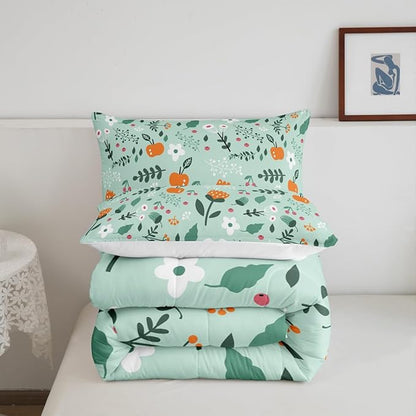 Erosebridal Green Floral Toddler Bedding Set - Boho Flower Cute Comforter Set for Girls Kids, Botanical Plant Green Leaf Bed Set, Cottage Core Room Decor with 1 Pillowcase, Lightweight