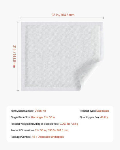 VEVOR Disposable Underpads, 21" x 36" Incontinence Bed Pads, Super Absorbent Chux Pads with 5-Layer Protection for Bed Sofa and Mattress, Protective Bedwetting Pad for Pet Adult Kid Elderly (48-Pack)