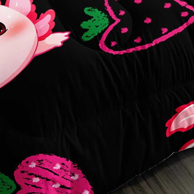 Cute Axolotl Bedding Set King Size,Pink Axolotl Strawberry Printed Comforter Sets Aesthetic Bedding for Kids Girls,Beach Coastal Animal Themed Comforter Sets with 2 Pillowcases.