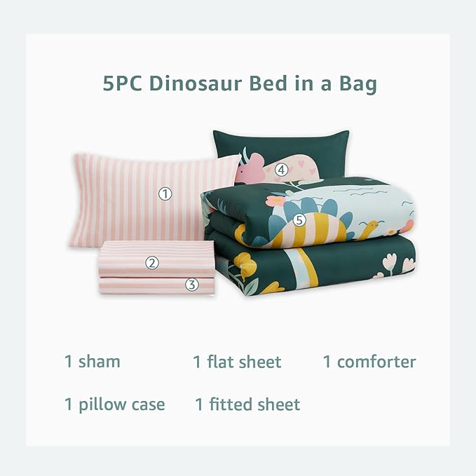 Twin XL Comforter Set for Girls, Dinosaur Kids Bedding Set with Cute Floral, All Season Boys Teen Bed in a Bag Dorm 5 Pieces with Sheets, Pillowcase & Sham