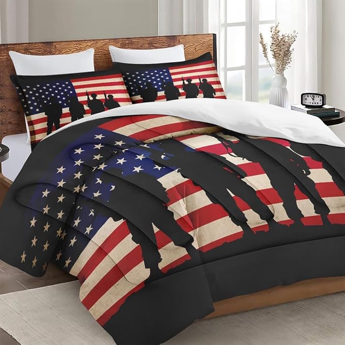 King Size Comforter Set with 2 Pillowcase, Vintage Military Retro Soft 3 Pcs Bedding for Kids and Adults, Patriotic Army Memorial Comforter Set for Room Bedroom Bed Decor