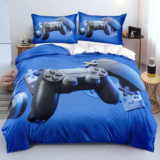 3D Print Gamepad Duvet Cover Set Gaming Comforter Covers and Pillowcases Twin Size Blue Color Bed Set Gamer Beddings Boy Kid Bedroom Decorations