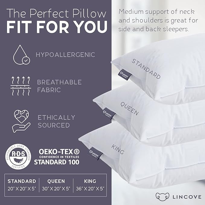 Lincove Hotel Collection Pillows for Sleeping - Premium Down and Feather, Luxury, Plush, Hypoallergenic - for Neck Pain, Back & Side Sleepers (Standard Size, 1 Pack)