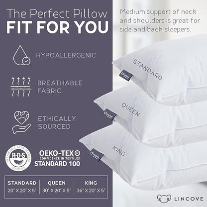 Lincove Hotel Collection Pillows for Sleeping - Premium Down and Feather, Luxury, Plush, Hypoallergenic - for Neck Pain, Back & Side Sleepers (Standard Size, 1 Pack)