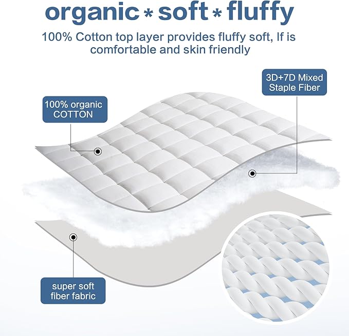 LEISURE TOWN Mattress Pad Full Size Soft Cotton Mattress Cover,Quilted Fitted Mattress Topper with Deep Pocket fits 8-21 inch Mattress,Breathable Fluffy Pillow Top,Cooling Mattress Protector,White