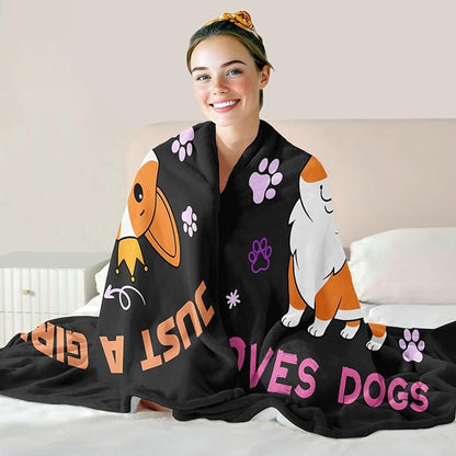Puppy Corgi Lover Blanket, Just A Girl Who Loves Dogs Blanket, Soft Warm Cozy Fleece Throw, Gifts for Girls Women Kids, 50"x60", Black