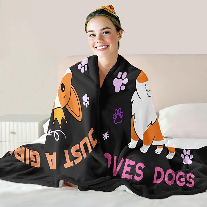 Puppy Corgi Lover Blanket, Just A Girl Who Loves Dogs Blanket, Soft Warm Cozy Fleece Throw, Gifts for Girls Women Kids, 40"x50", Black