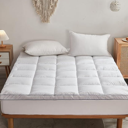 Mattress Pad Cover Pillow Top with Stretches to 18” Deep Pocket Fits Up to 8”-21” Cooling White Bed Topper (White-Thick, Twin)
