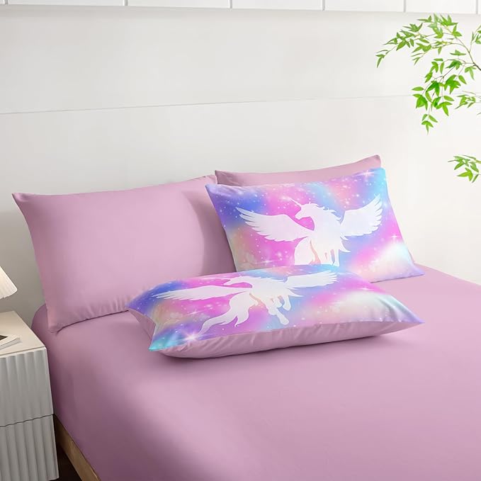 Galaxy Unicorn Bedding Set Twin - Unicorn Comforter Set (7 Piece) - Pegasus Galaxy Kids Bedding, Pink Purple Blue Girls Quilt Set, All Season Microfiber Bed Set with Shams, Flat/Fitted Sheet