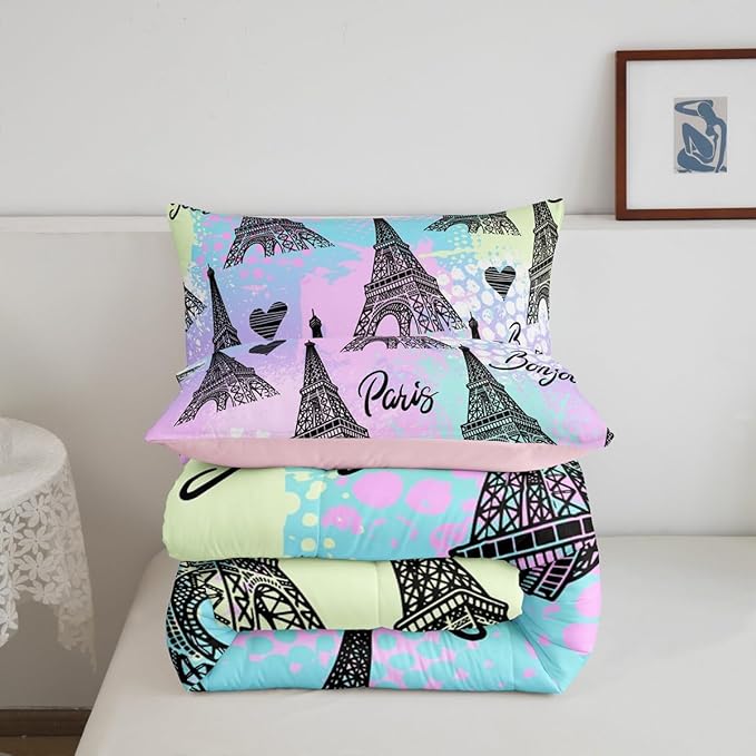 Eiffel Tower Comforter Set Queen, Rainbow Watercolor Tie Dye Bedding Romantic Graffiti City View Quilt for Room Decor, Black Sketch Paris Themed Duvet Insert, 2 Pillowcases