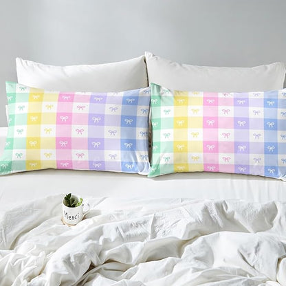 Girls Bowknot Duvet Cover Set Full Size Colorful Bow Tie Bedding Set for Kids Girly Woman Room Decor Cartoon Watercolor Geometric Lattice Reversible Quilt Cover with 2 Pillowcases (No Comforter)