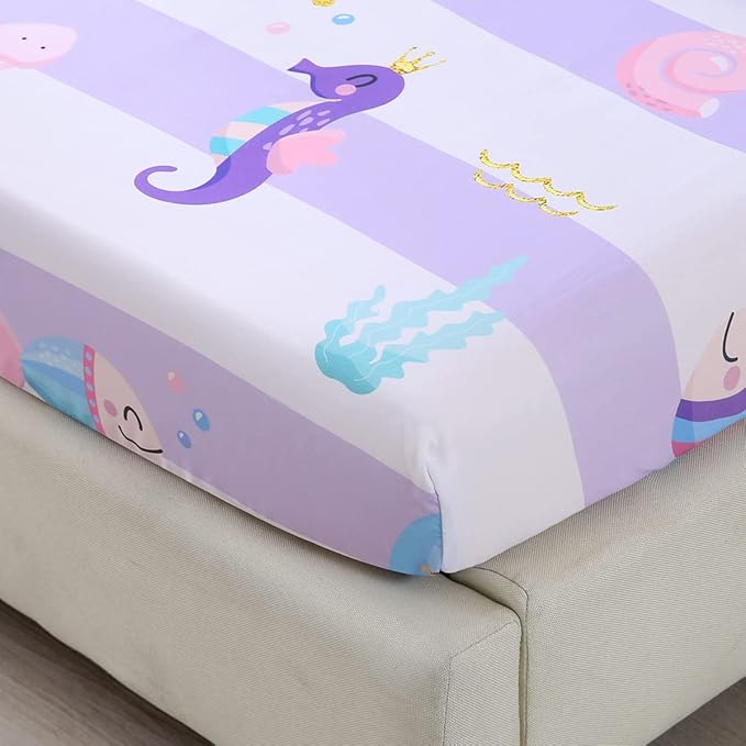 URBONUR 4-Piece Toddler Bedding Set - Ultra Soft Cartoon Mermaid Girls Toddler Comforter Set Coral Starfish - Include Comforter, Flat Sheet, Fitted Sheet and Reversible Pillowcase, Purple Mermaid
