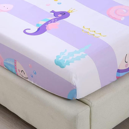 URBONUR 4-Piece Toddler Bedding Set - Ultra Soft Cartoon Mermaid Girls Toddler Comforter Set Coral Starfish - Include Comforter, Flat Sheet, Fitted Sheet and Reversible Pillowcase, Purple Mermaid