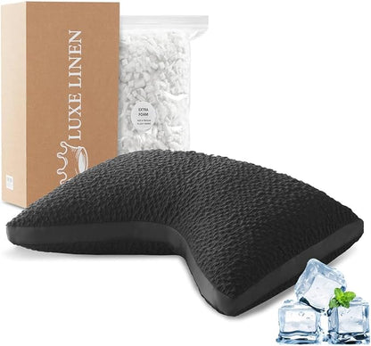Side Sleeper Pillows for Adults, Adjustable Shredded Memory Foam Bed Pillows for Neck and Shoulder Pain, Standard Black Cooling Curved Pillows with Washable Cover & Extra Foam Bag