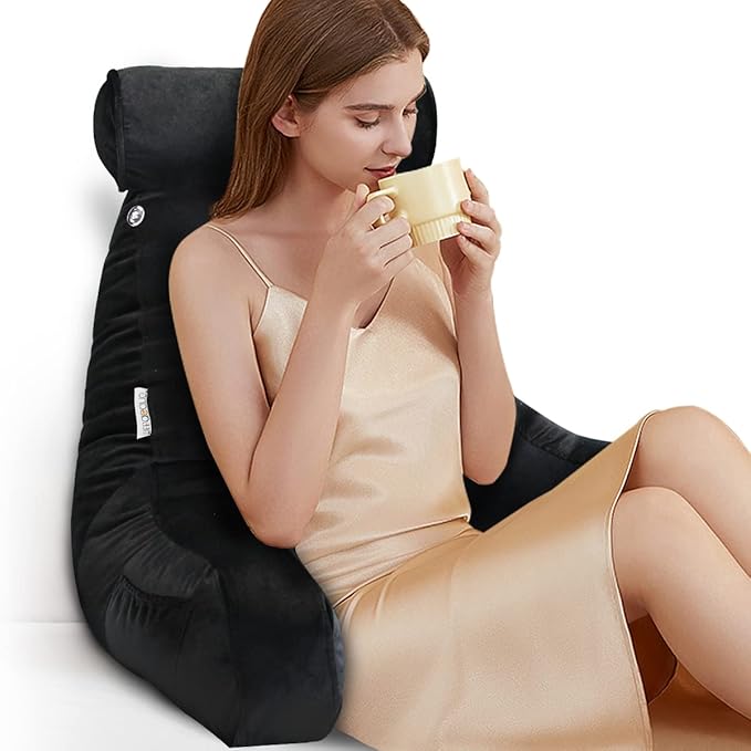 Reading Pillow for Sitting in Bed Adult with Detachable Neck Roll & Big Backrest Pillow for Bed Sitting up with Arms Side Pocket Shredded Foam Large Back Chair Pillow with Washable Cover