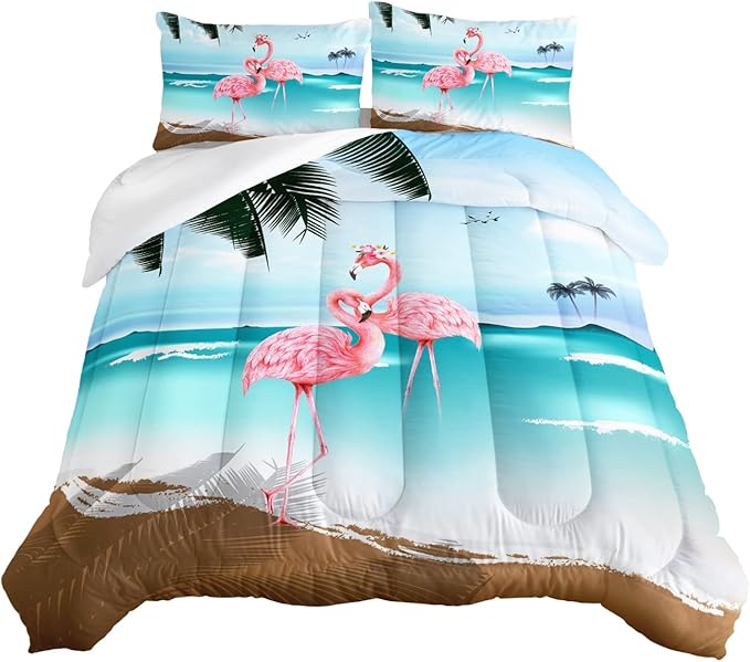 HOSIMA Ocean Beach Comforter Set,Fashion Flamingo Bedding Summer Seaside Nature Scenery Vacation Style Room Decor,Tropical Plants Palm Leaves Comforter Full Size for Boys Women Girls Teens.