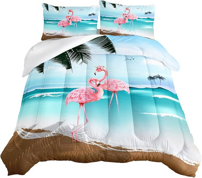 HOSIMA Ocean Beach Comforter Set,Fashion Flamingo Bedding Summer Seaside Nature Scenery Vacation Style Room Decor,Tropical Plants Palm Leaves Comforter Full Size for Boys Women Girls Teens.