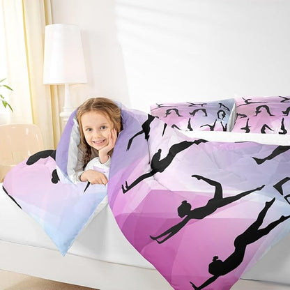 Gymnastics Comforter Set King Size,Dancing Lover Silhouette Bedding Set 3pcs for Kids Girls Woman Gymnast Room Decor,Cheerleading Sports Quilt Set Pink White Duvet Insert with 2 Pillowcases