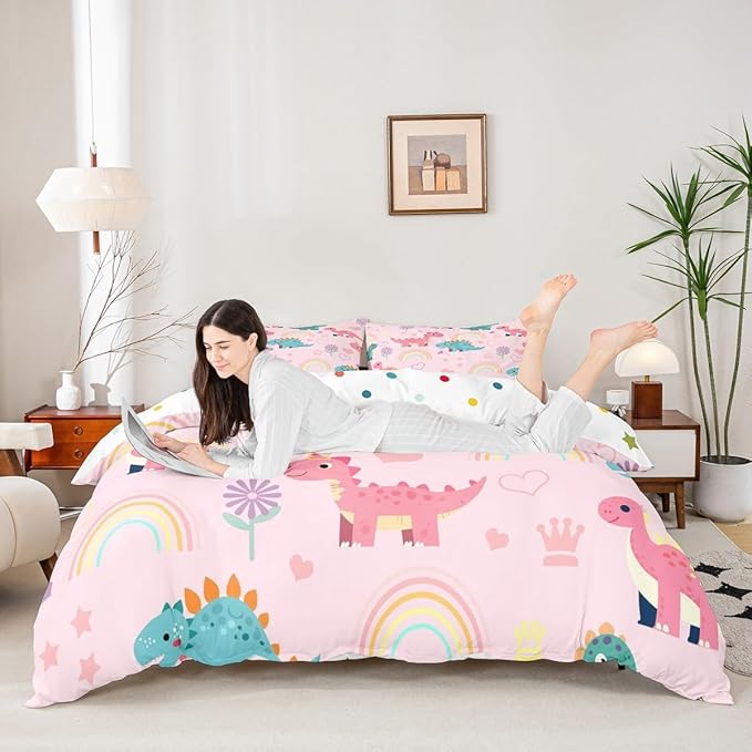 Lovely Dino Duvet Cover Set Twin Size,Cute Rainbow Floral Love Heart Reversible Bedding Set Soft Bedroom Decor,Pink Blue Dinosaur Kawaii Animal Polyester Quilt Cover (No Comforter), 2 Pcs
