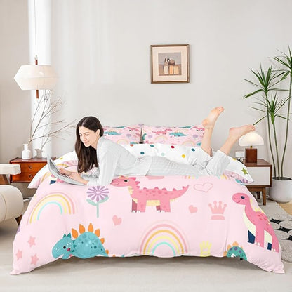 Castle Fairy Lovely Dino Bedding Sets Toddler Size,Cute Rainbow Floral Love Heart Reversible Duvet Cover 2Pcs for Kids Bedroom,Pink Blue Dinosaur Kawaii Animal Quilt Cover,1 Pillowcase (No Comforter)