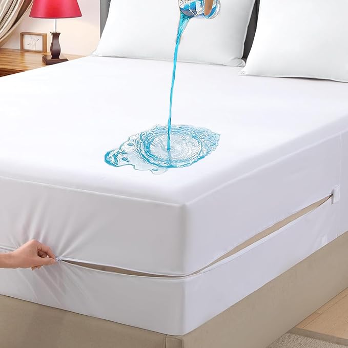 King Waterproof Zippered Mattress Encasement, Breathable, Noiseless, Machine-Washable Zipped Mattress Cover, Fitting 7" - 15" Deep Mattress
