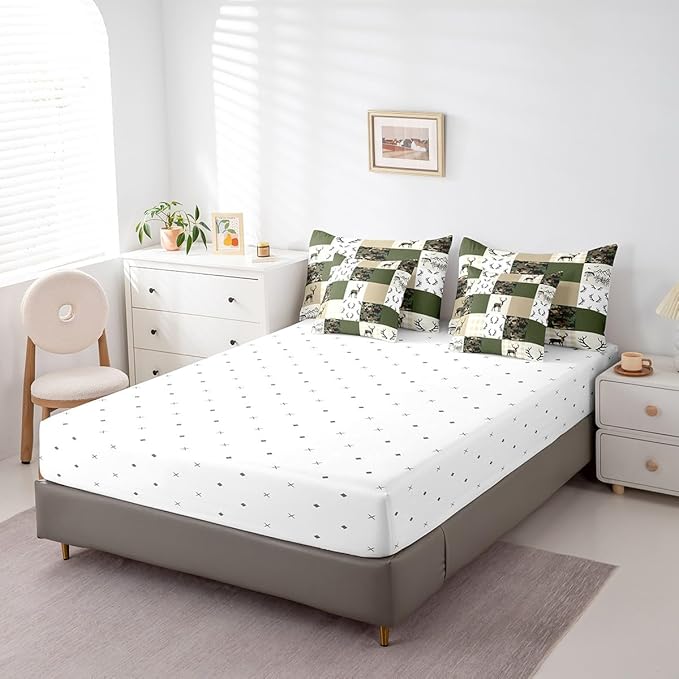 Feelyou Wild Deer 7 Piece Bedding Set King Size Geometric Pattern Comforter Set with Sheets for Kids Boys Girls Teens Green and Beige Bed in a Bag Camouflage Bed Set