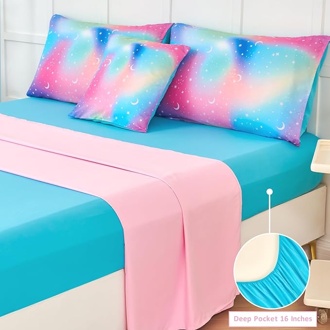 URBONUR 6Pcs Rainbow Comforter Set for Girls Full Size Multi-Color Pink Blue Green Tie Dye Soft All Season Kids Bedding Bed in A Bag Set