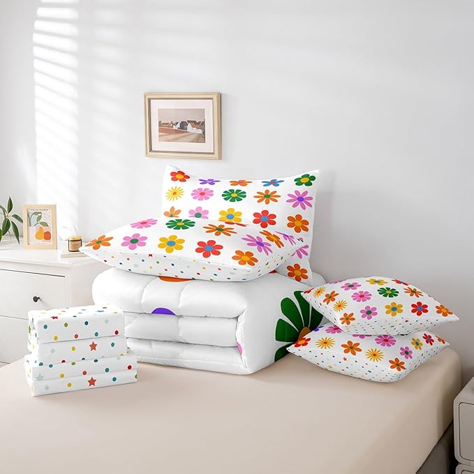 Feelyou Cute Flower 7 Piece Bedding Set Twin Size Colorful Flower Comforter Set with Sheets for Kids Boys Girls White Colorful Bed in a Bag Kawaii Theme Bed Set