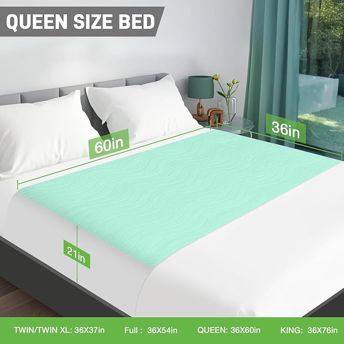 Bed Pads Washable Waterproof for Incontinence Adults, Reusable Wetting Pad Mattress Protector Underpads Tuckable Quick Dry, Fits Queen Size Bed, 36" x 60", Green