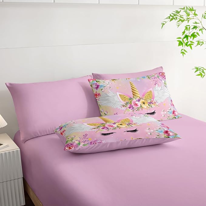 Unicorn Comforter Set Twin - 7 Pcs Floral Girls Bedding, Pink Purple Blue Girls Quilt Set, All Season Microfiber Comforter, Sheets, Pillowcases