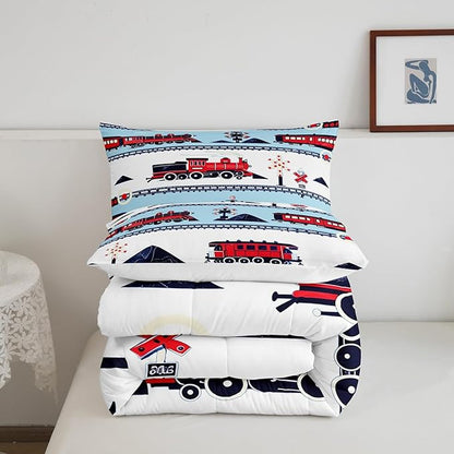 Erosebridal Red White and Blue Train Comforter Set Cartoon Train Railroad Tracks Kids Bedding Traffic Transportation Track Bedding Comforters & Sets Cute Retro Vintage Vehicle Quilt Full 3Pcs