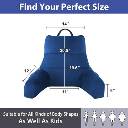 Reading Pillow with Arms for Adults, Back Pillow for Bed Sitting Up, Shredded Memory Foam Backrest Pillow with Pockets & Removable Washable Cover, Lounging, Watching TV, Reading(20inch Navy)