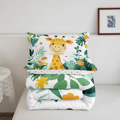 Castle Fairy Giraffe Comforter Set Toddler Size Cartoon Jungle Animal Bedding Set Bedroom Decor Tropical Palm Leaves Flower Quilt Set for Kids Boys Girls Cute Giraffe Duvet Insert 2Pcs